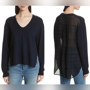 T By Alexander Wang Contrast Hi Low Hem Merino Wool Plaid V-neck Sweater M